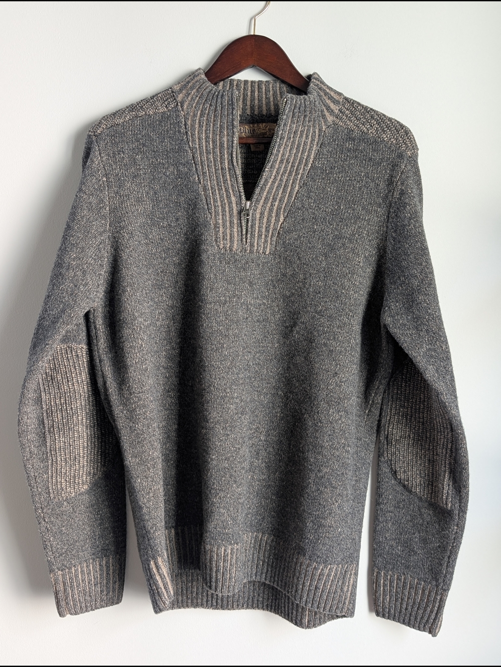 Blue Pronto Uomo 100% Wool Sweater Mens Large Gray 1/4 Zip Pullover Elbow Patch
